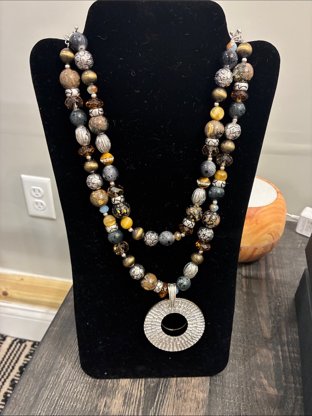 Double Strand Beaded Necklace with Silver Circle Pendant - Yellow, Brown, Gray